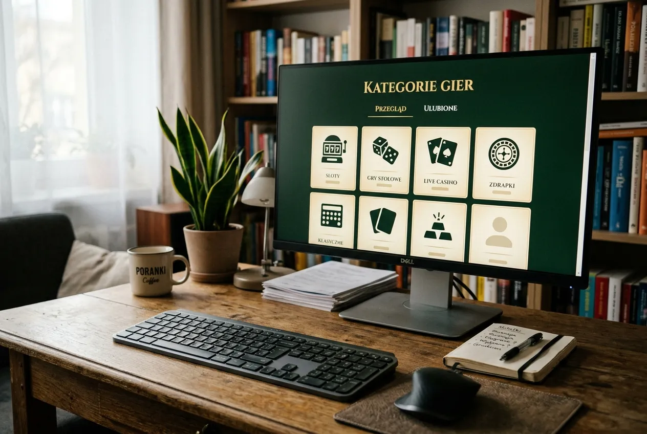 Monitor z abstrakcyjną siatką symboli gier obok klawiatury i notesu