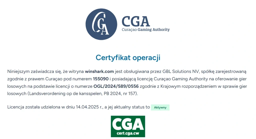 Wpis certyfikatu Curaçao Gaming Authority z nazwą operatora GBL Solutions N.V. i domeną winshark.com