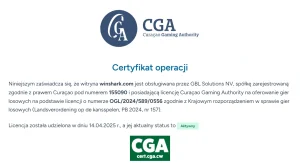 Wpis certyfikatu Curaçao Gaming Authority z nazwą operatora GBL Solutions N.V. i domeną winshark.com