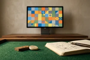Stół do kart oświetlony miękkim światłem, obok monitor z abstrakcyjną siatką
