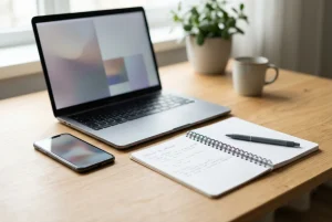 Laptop, smartfon i notes z niewyraźnymi polami leżą na drewnianym biurku